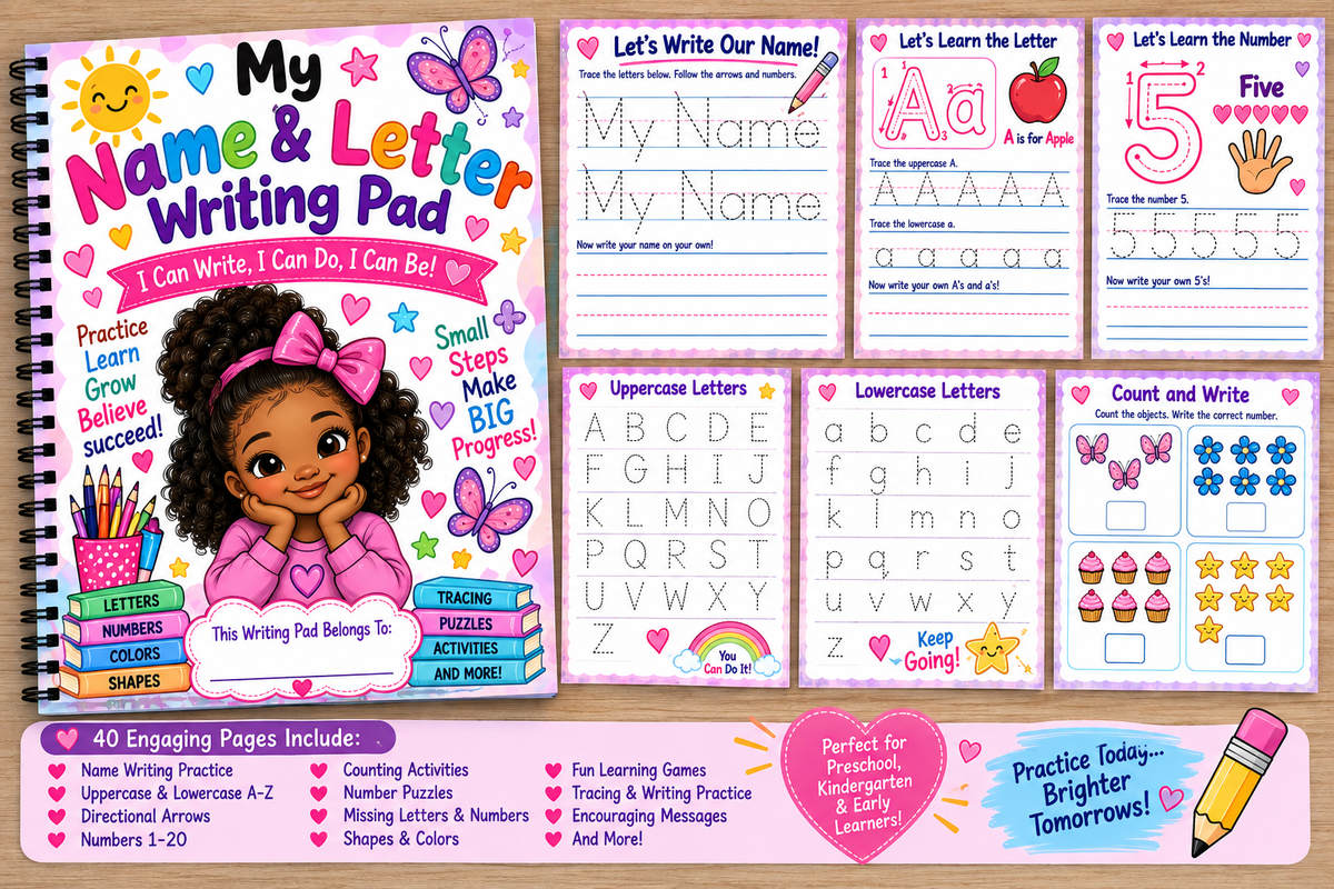My Name & Letter Writing Pad with tracing pages for letters, numbers, and shapes