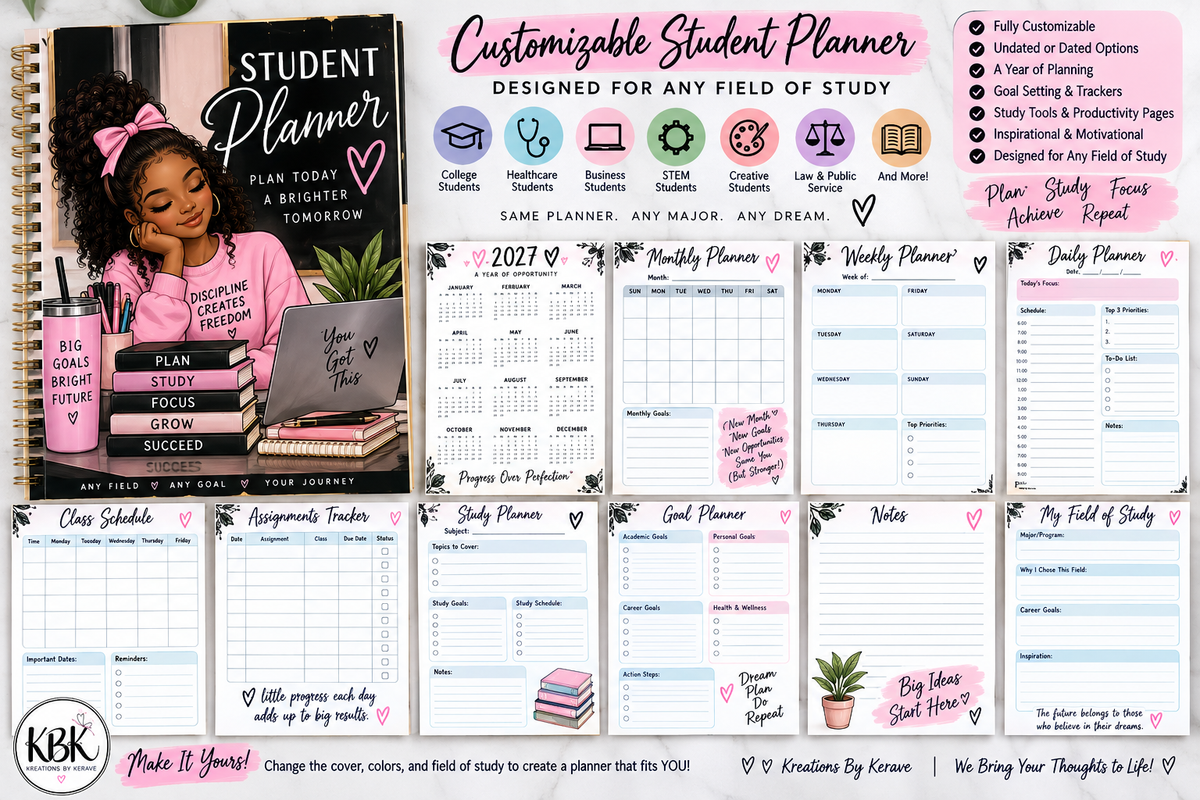 Customizable student planner with monthly, weekly, and daily pages, class schedule, and goal trackers
