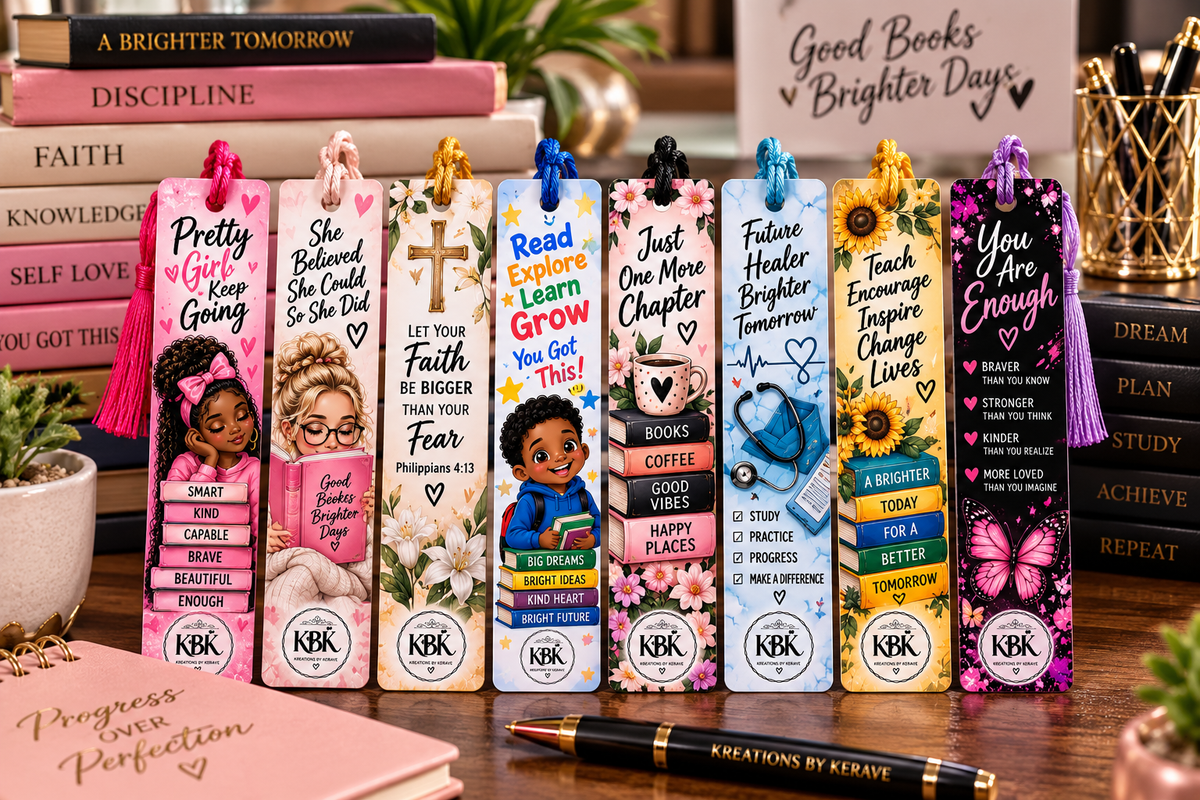 Eight colorful inspirational bookmarks with tassels displayed against stacked books