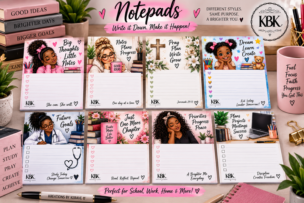Eight illustrated notepads with lined and checklist pages in faith, study, and affirmation designs