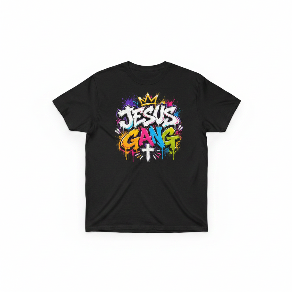 Jesus Gang bold colorful graffiti faith t-shirt design mockup